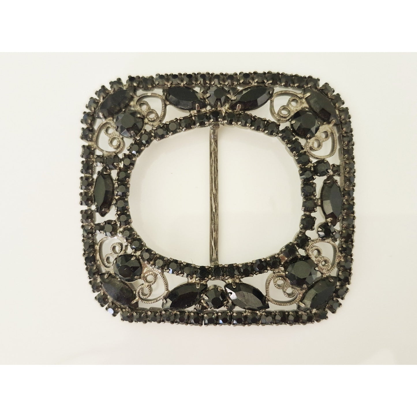 Vintage Juliana D&E Belt Buckle Jet Black Filigree Scroll Heart