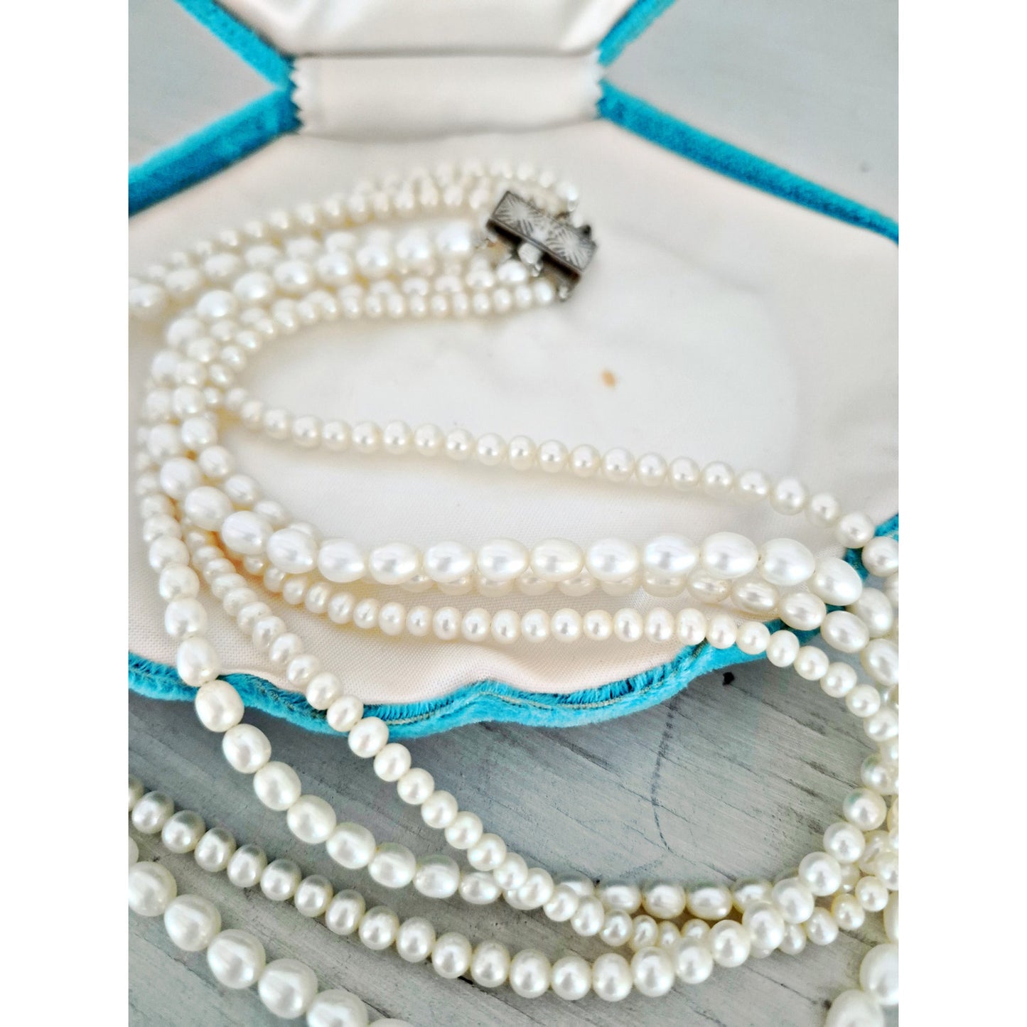 Vintage Sterling Silver 4 Strand Cultured Pearl Choker Necklace with Box Clasp