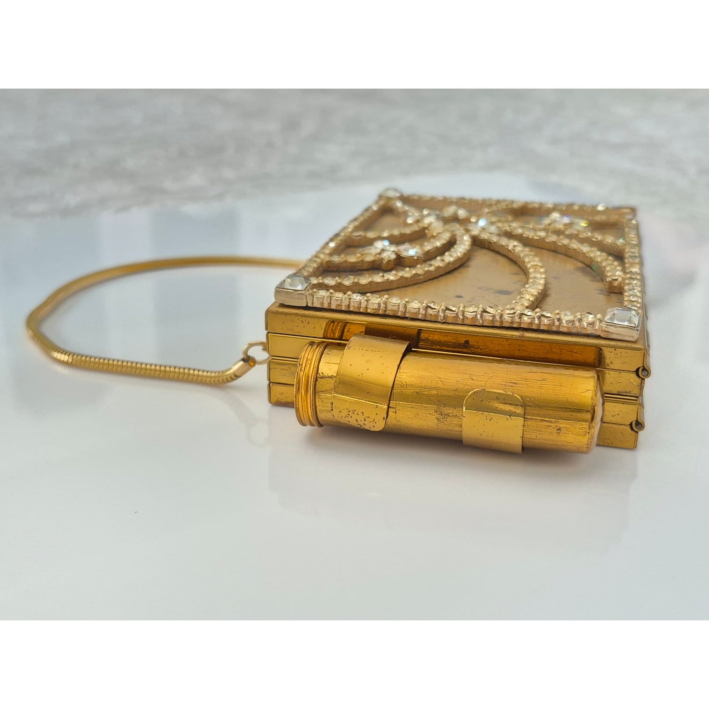 Vintage 1940s Gold-tone Rhinestone Compact Lipstick and Cigarette Case Purse