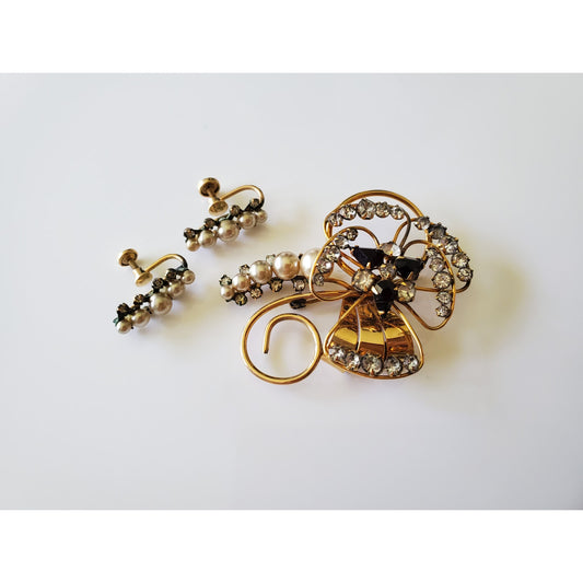 Vintage Gold Fill White Rhinestone Cocktail Set of Earrings and Brooch