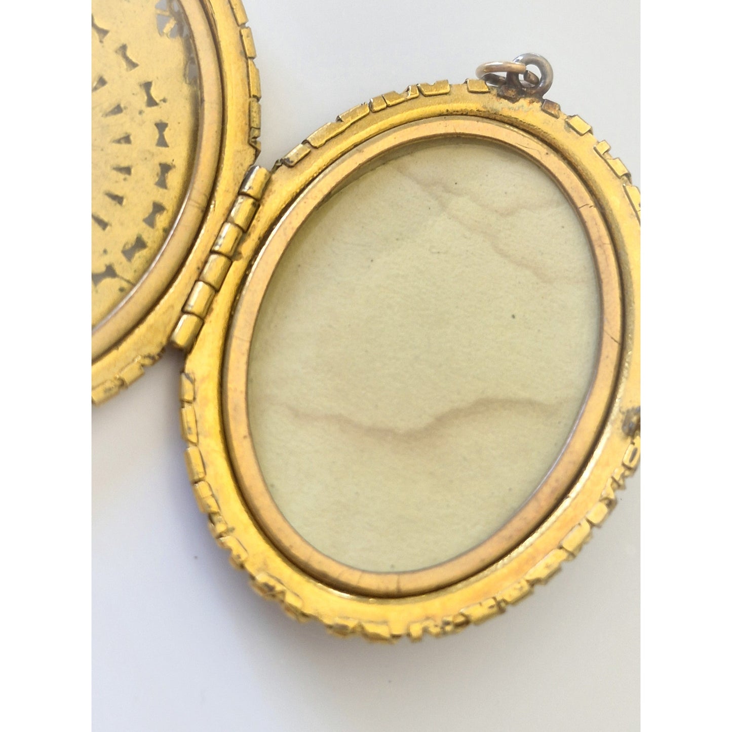 Antique Gold Tone Filigree Guilloche Enamel Photo Locket Pendant