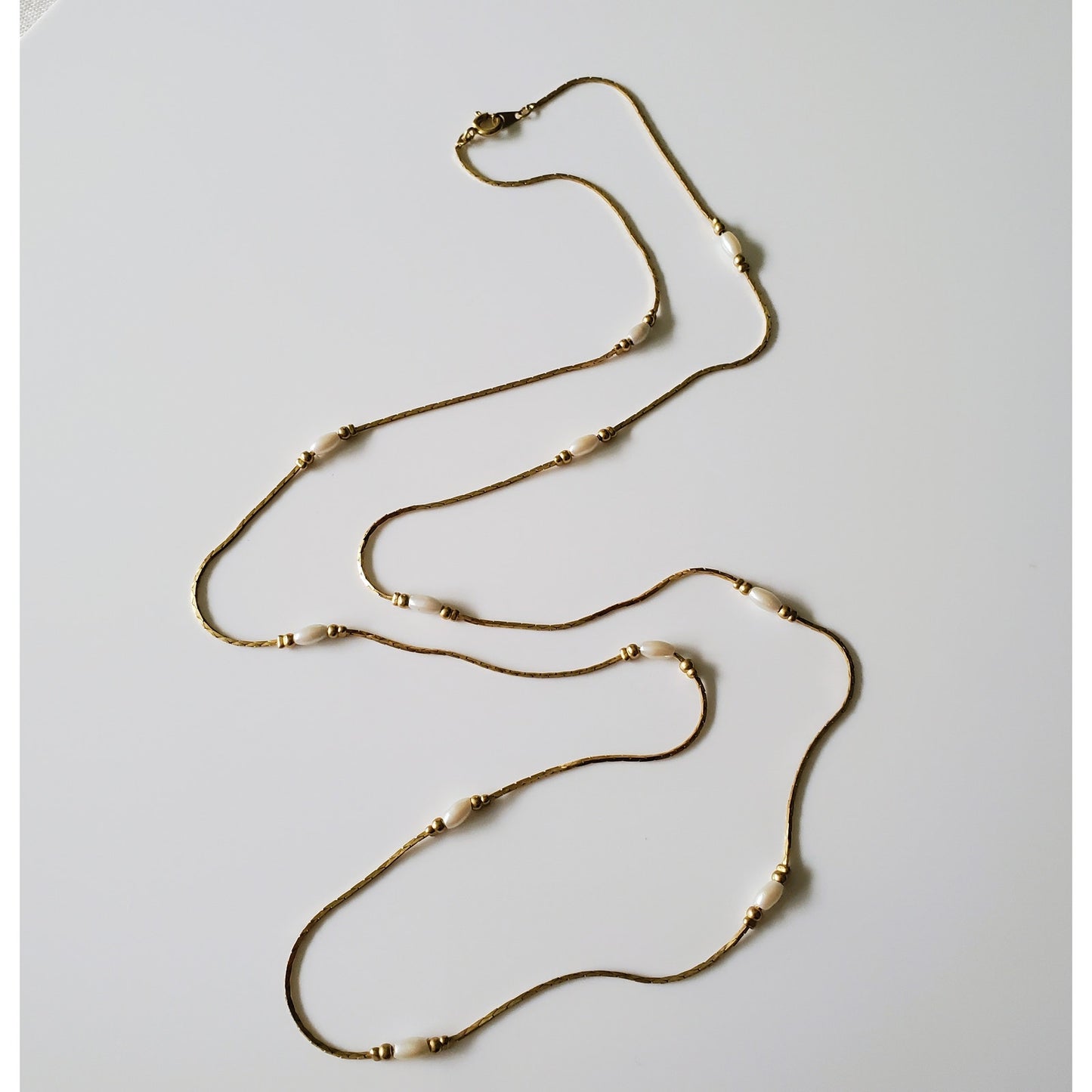 Vintage Beaded Long Chain Gold Tone and Faux Pearl Necklace