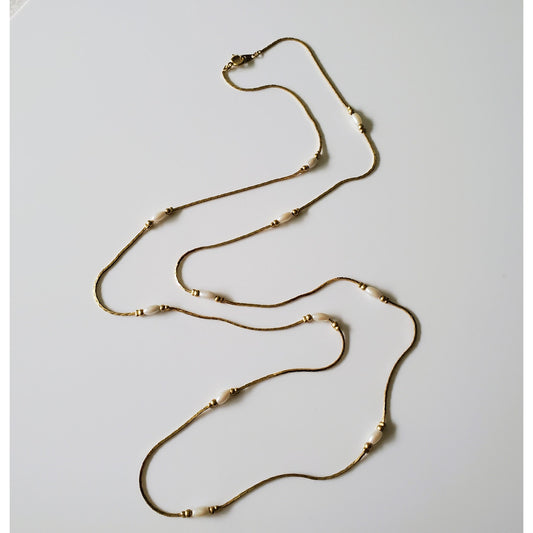Vintage Beaded Long Chain Gold Tone and Faux Pearl Necklace
