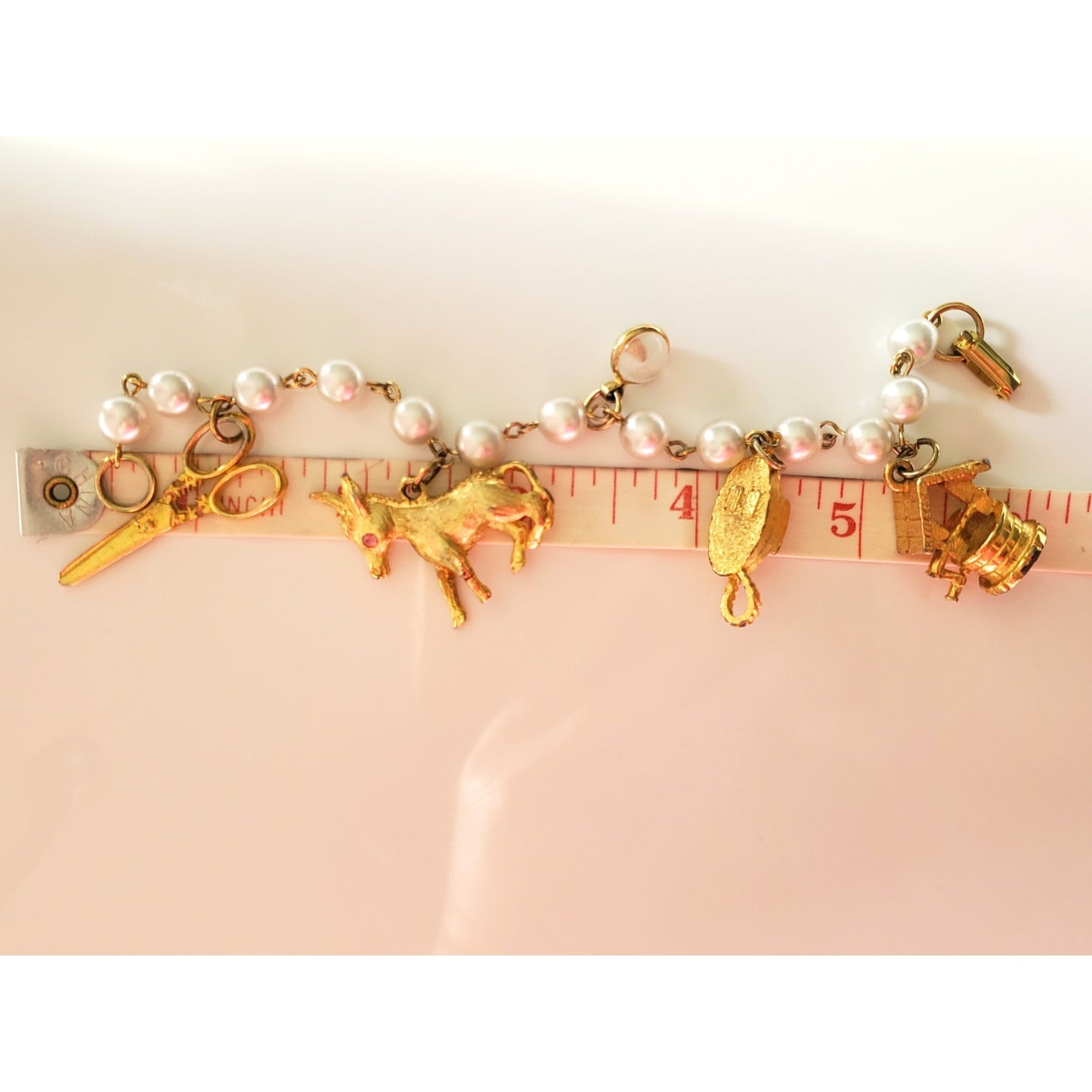 Vintage Gold Tone Faux Pearl Charm Bracelet