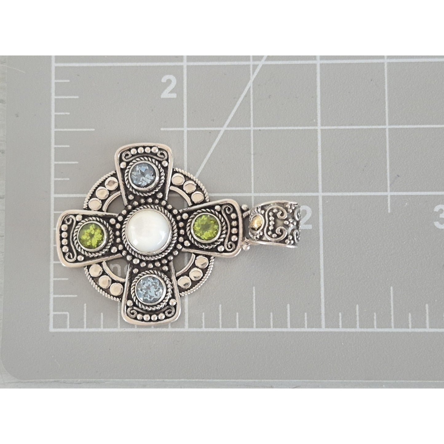 Vintage Sterling Silver 18K Gold Suarte Bali Peridot and Pearl Cross Pendant