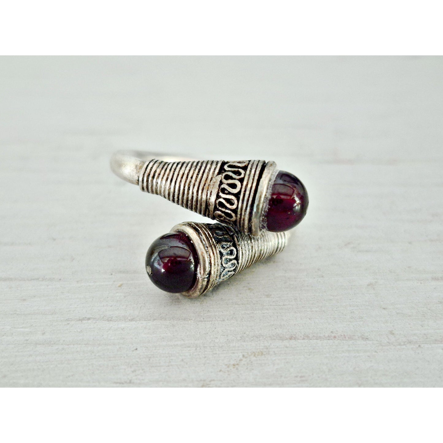 Vintage Sterling Silver & Garnet Carbochon Bypass Ring