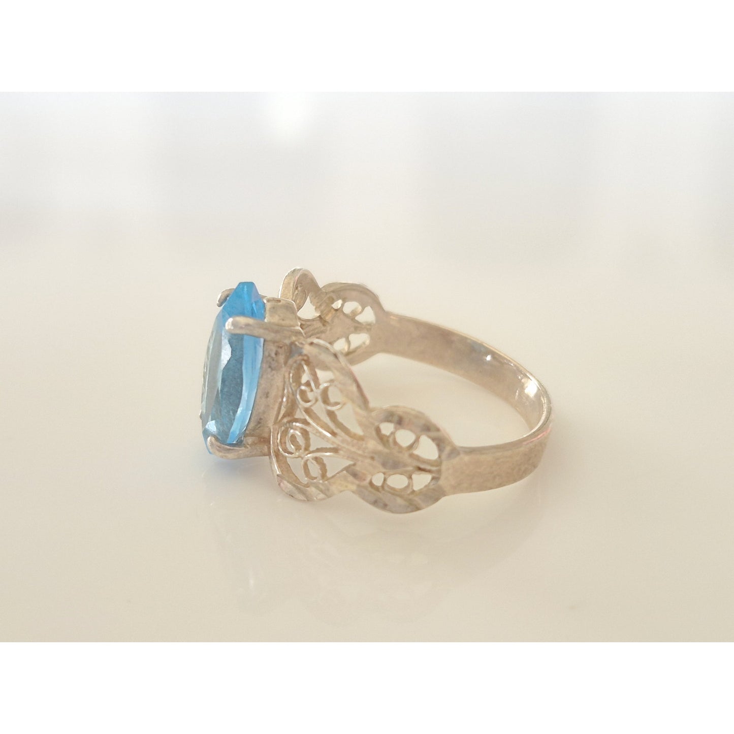 Vintage Topaz Marquise Sterling Silver Filigree Ring
