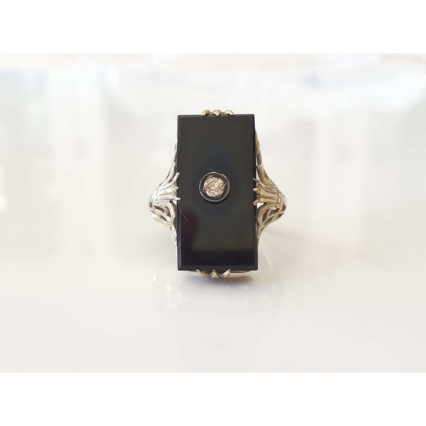 Vintage Art Deco 14K Gold Ostby Barton Onyx and Diamond FIligree Ring