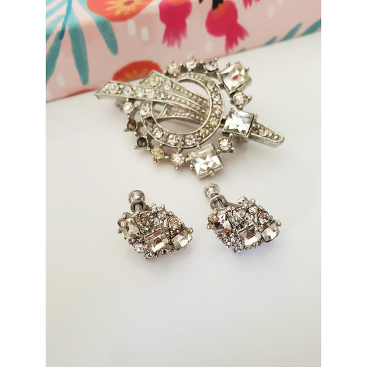 Vintage Silver Clear Rhinestone Brooch and Clip On Earring Set
