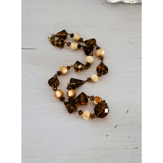 Vintage Tortoise Shell Geometric Pattern Glass Bead Choker Necklace