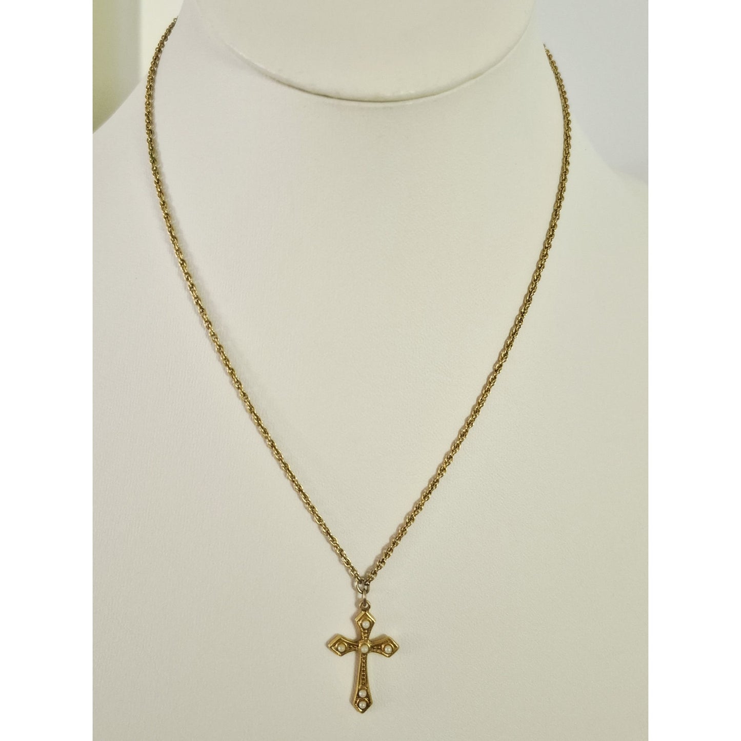 Vintage 1928 Designer Faux Pearl Cross Necklace