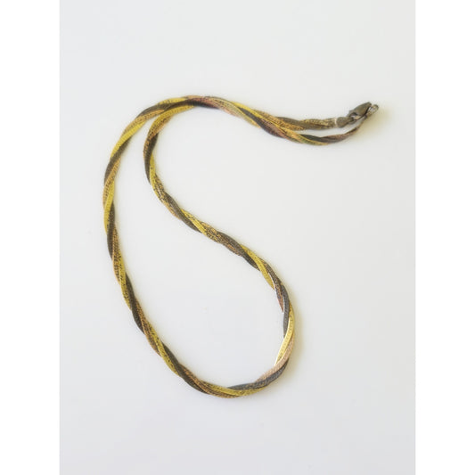 Vintage Tri-color Sterling Silver Braided Herringbone Chain Necklace