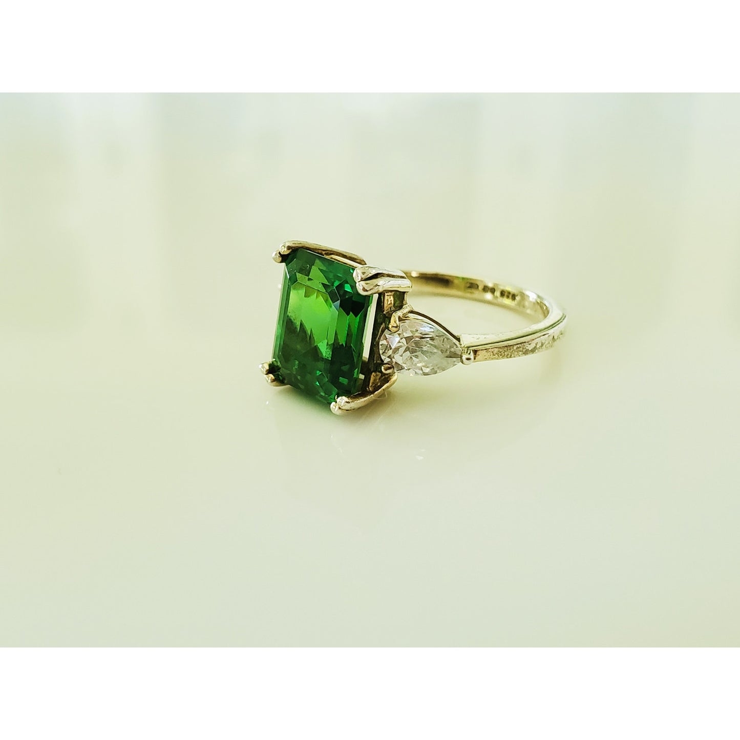 Vintage Green Stone and CZ Sterling Silver Ring