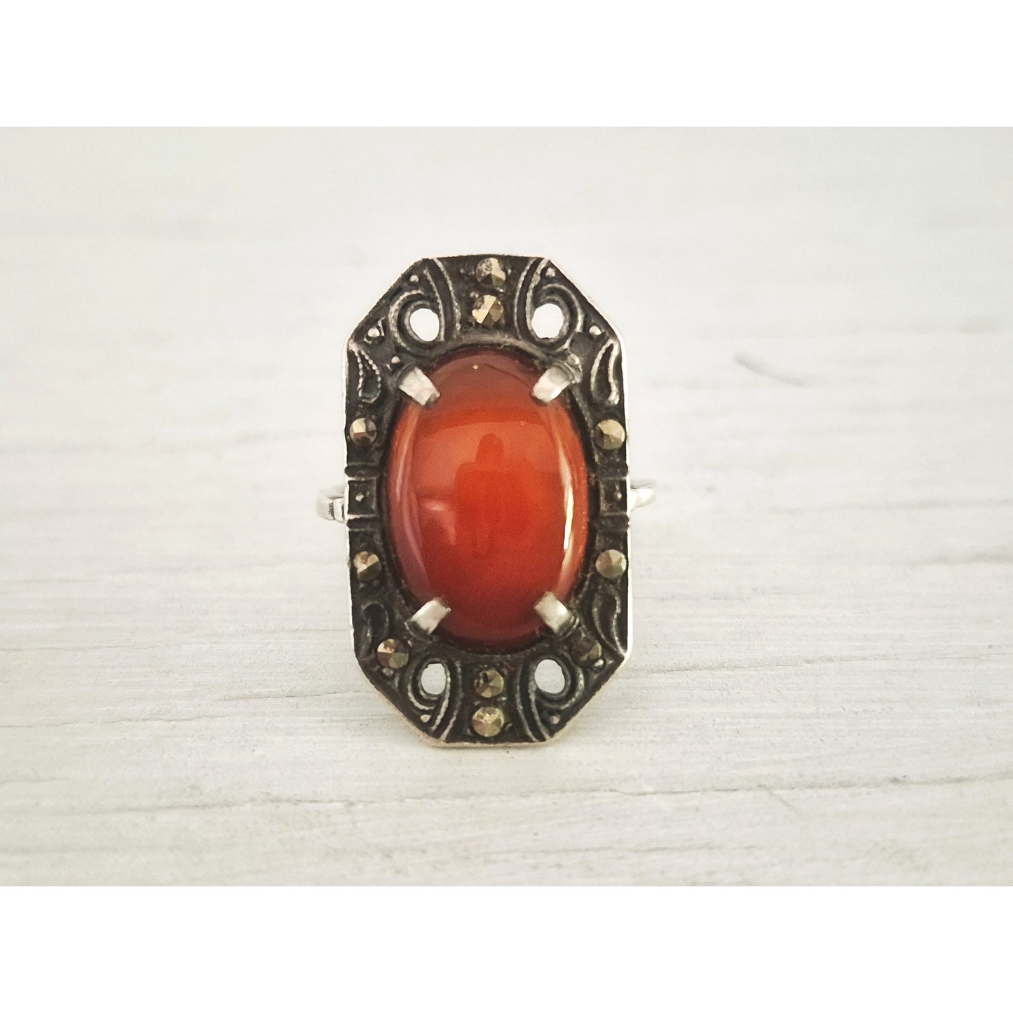 Antique 1920s Art Deco Carnelian and Marcasite Sterling Silver Ring