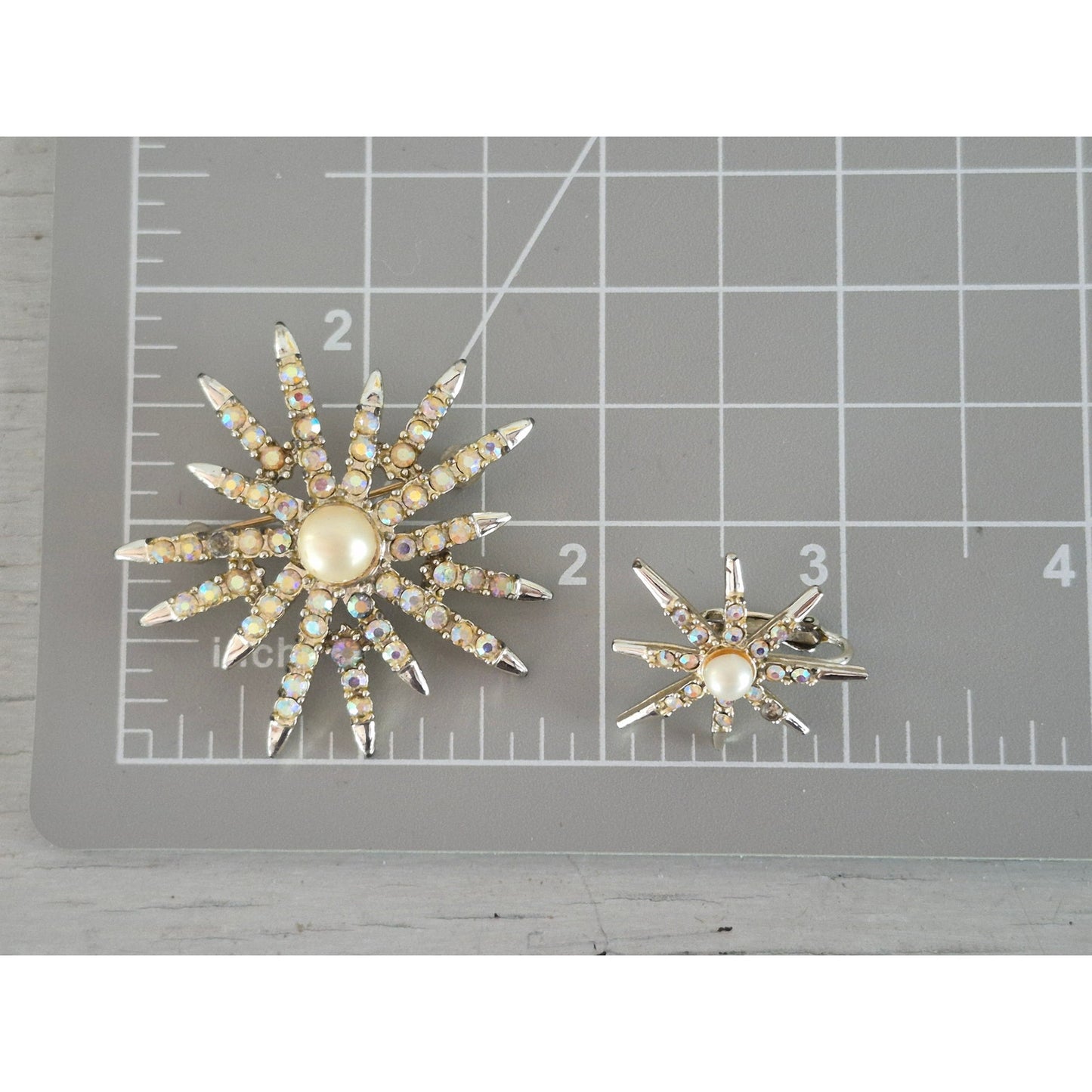 Vintage Star Burst Faux Pearl and AB Stone Brooch and Earring Set