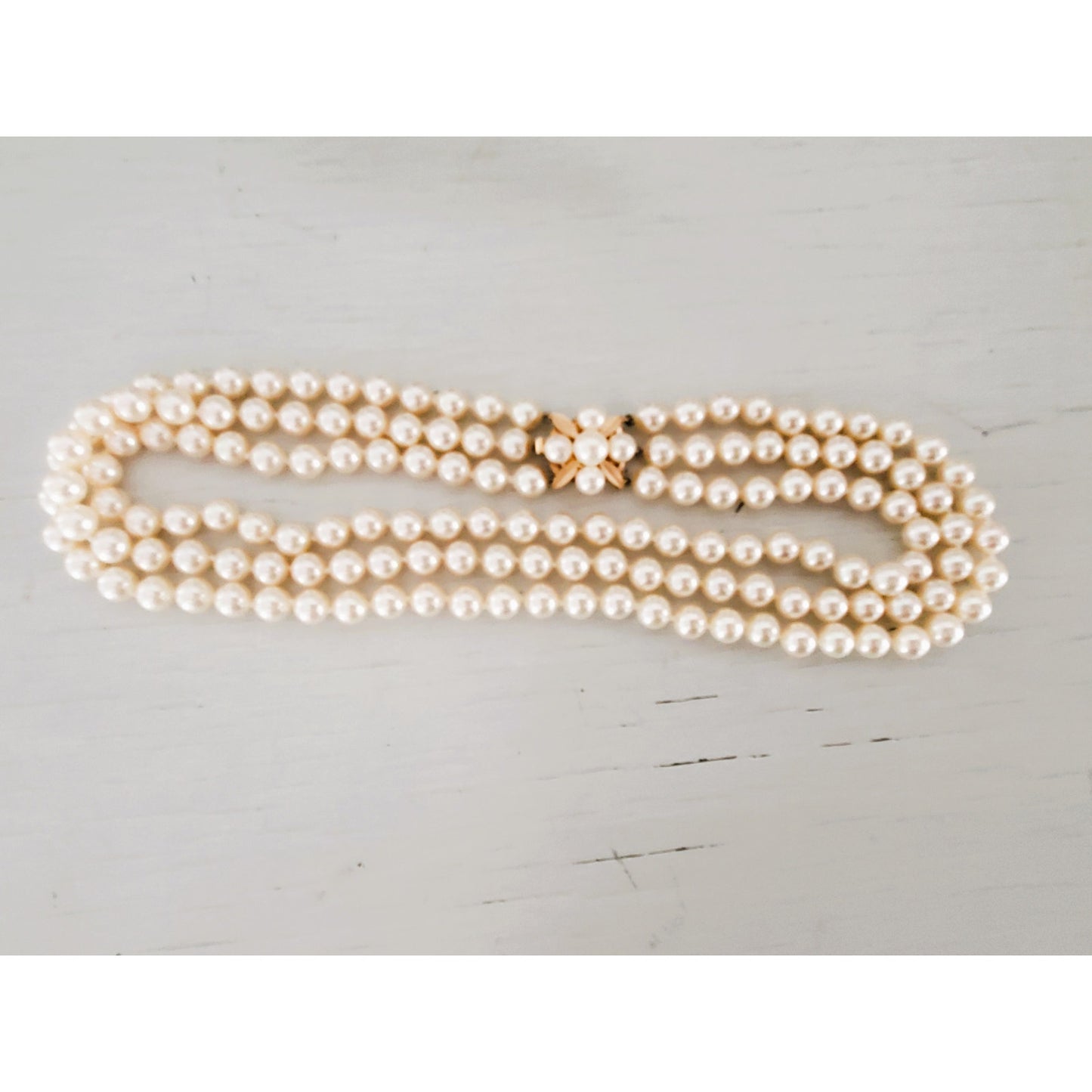 Vintage Majorica Triple Strand Pearl Necklace with Box Clasp