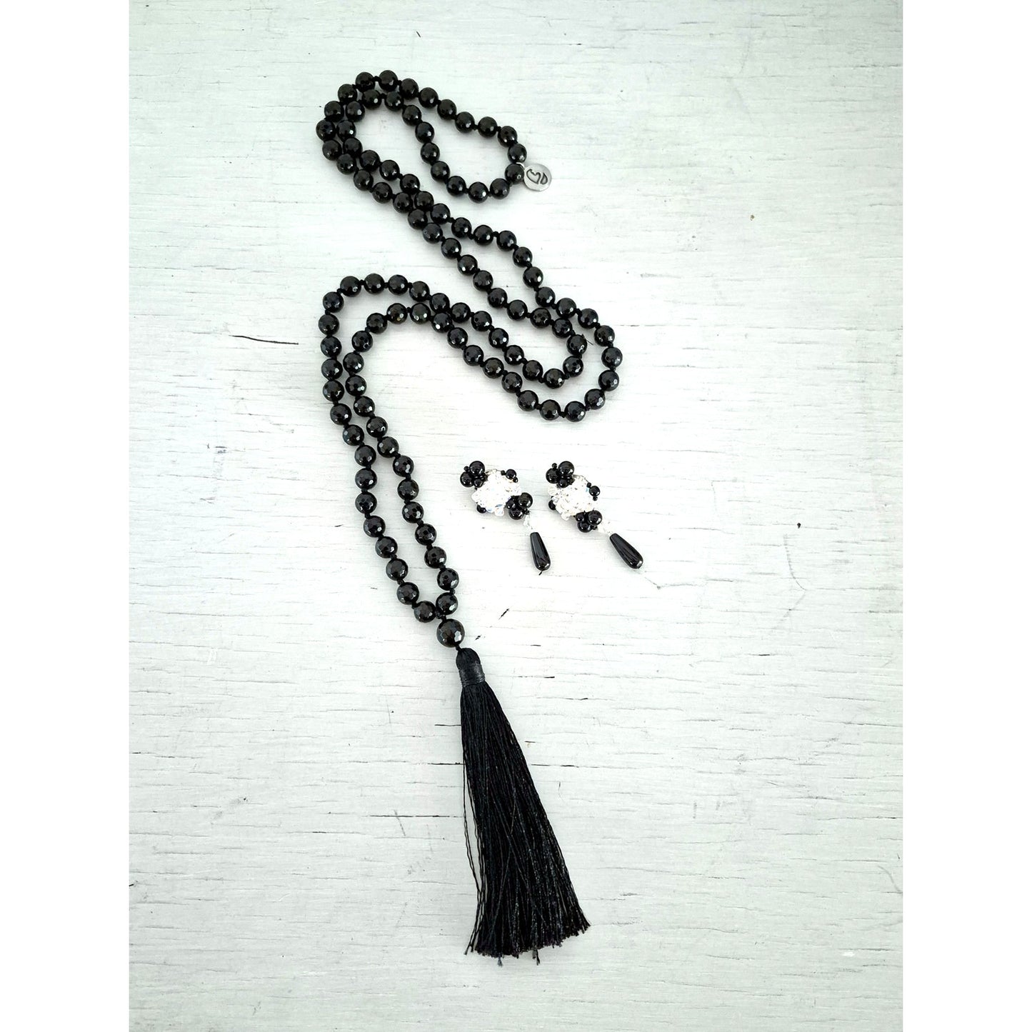 OKIKO Japan Black Bead Hand Knotted Tassel Necklace with Earrings
