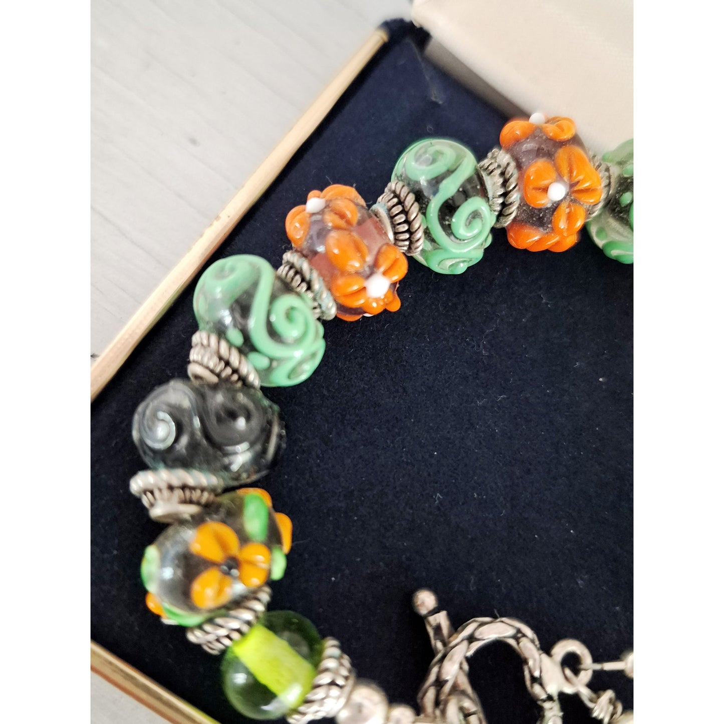 Vintage Artisan Green and Orange Lampwork glass Bead Toggle Clasp Bracelet