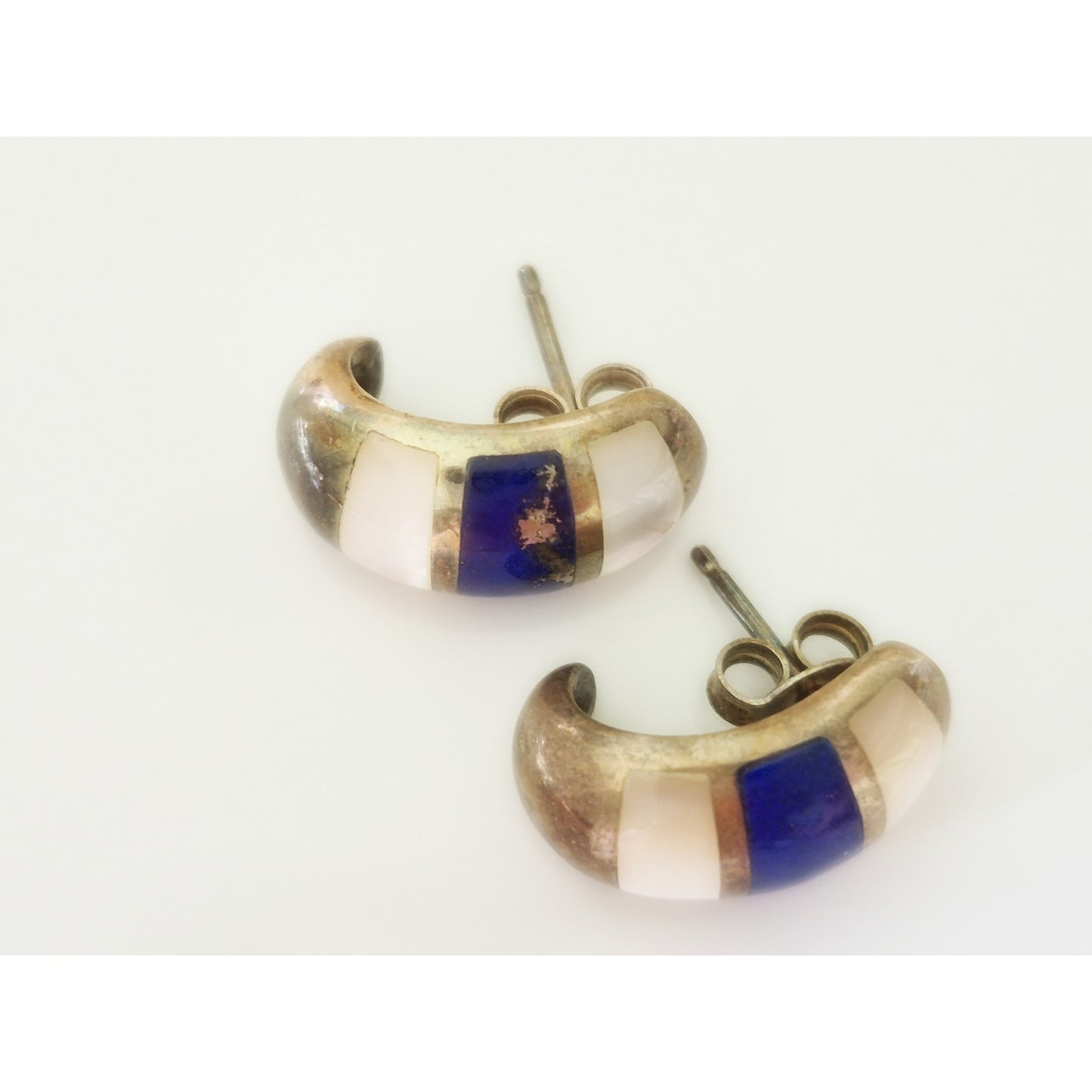 Vintage Sterling Silver Blue Enamel & Mother Of Pearl Huggie Earrings