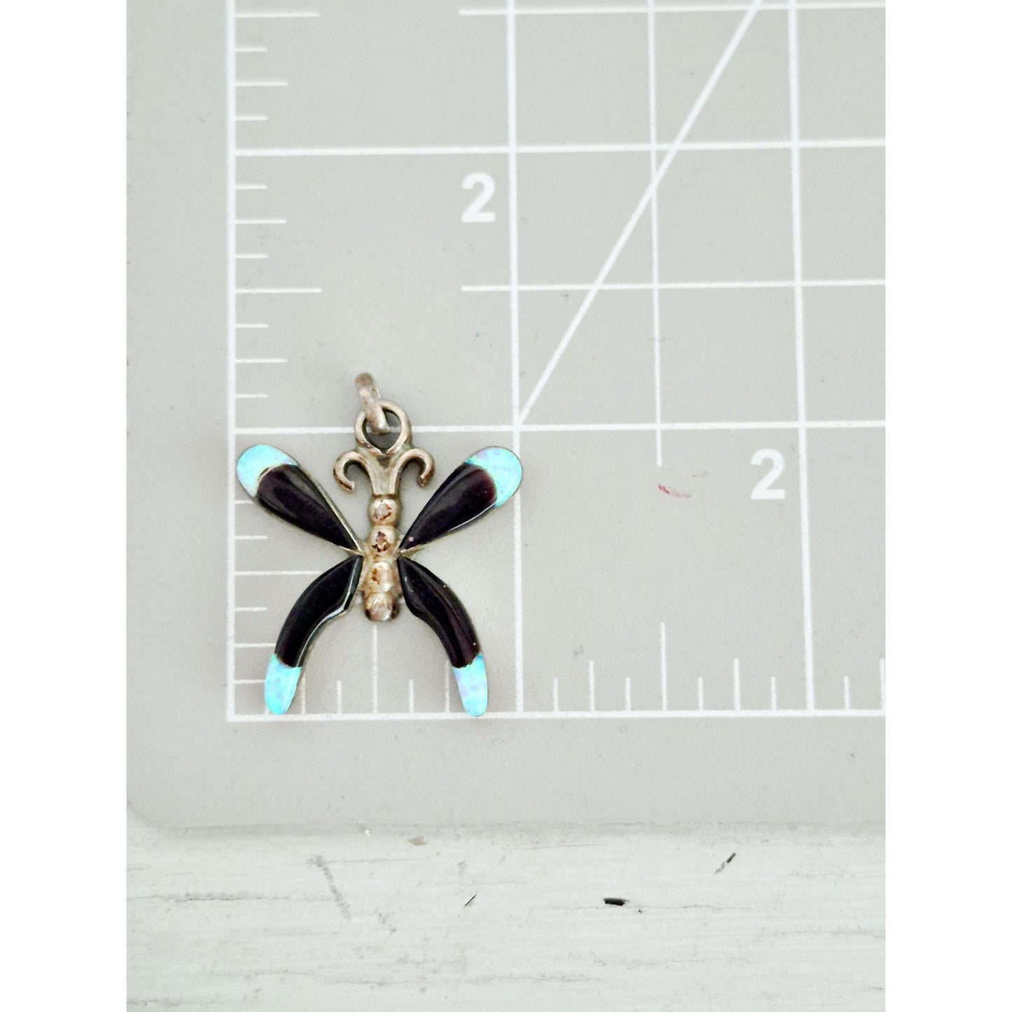 Vintage Native Zuni Sterling Silver Onyx and Opal Inlay Butterfly Pendant