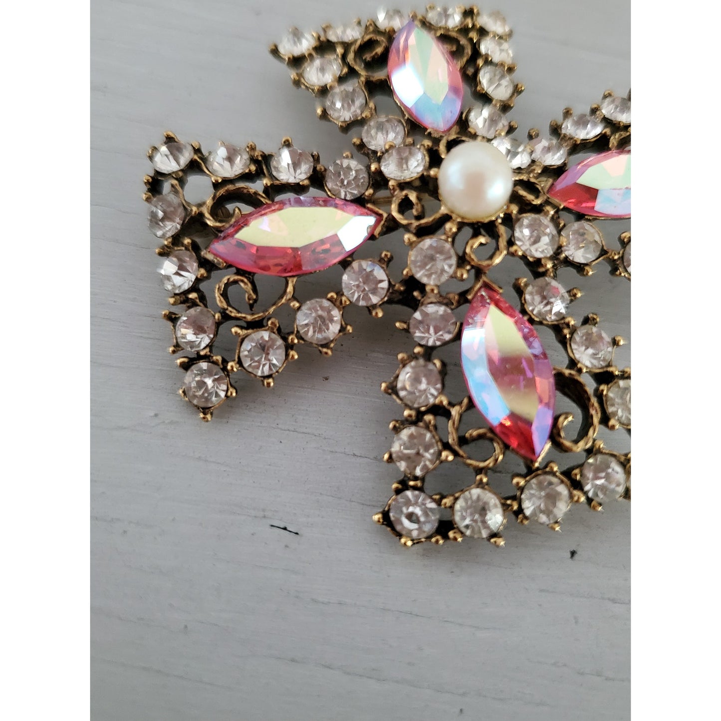 Vintage Large Pink and Clear Rhinestone Maltese Cross Brooch