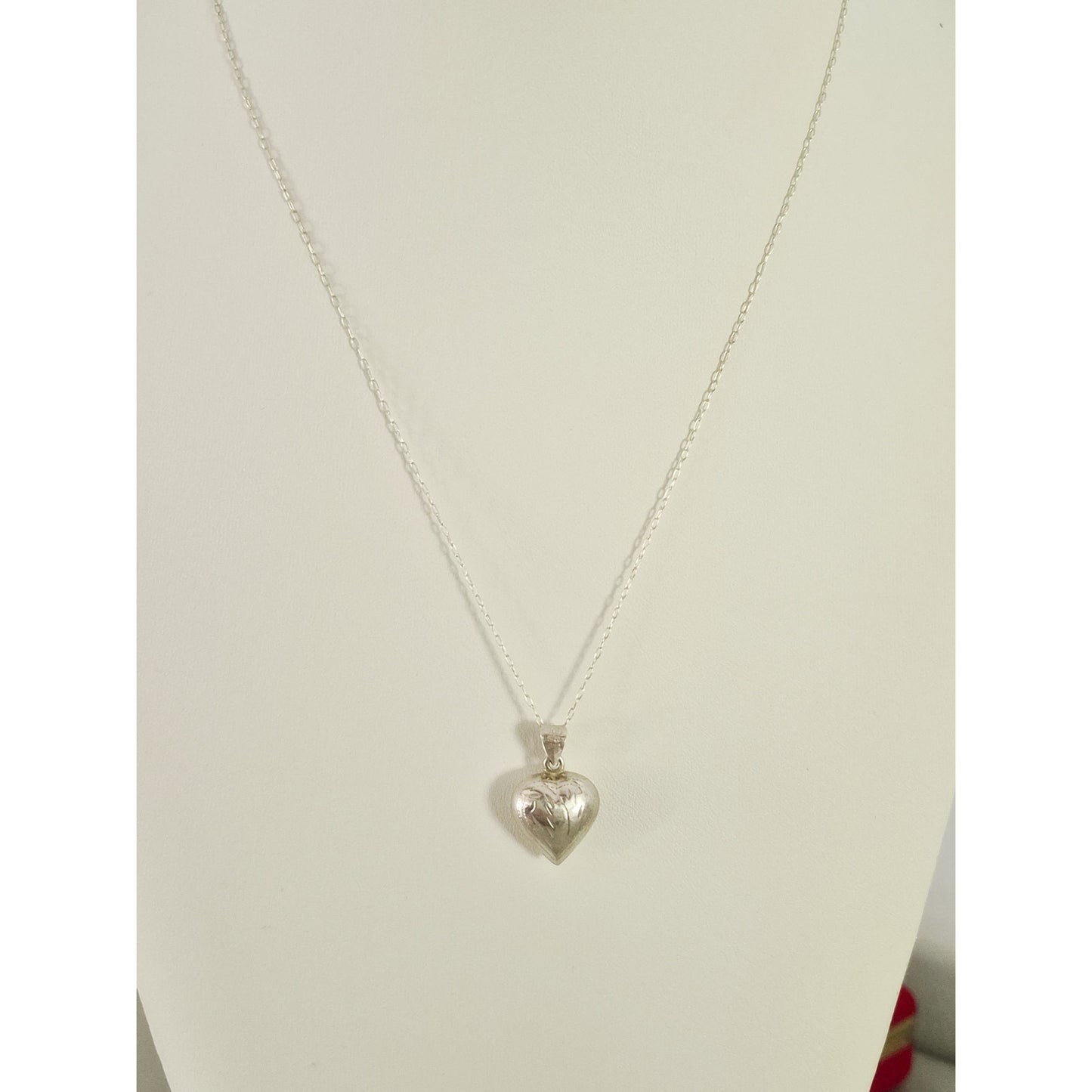 Vintage Sterling Silver Puffy Diamond Etched Heart Necklace