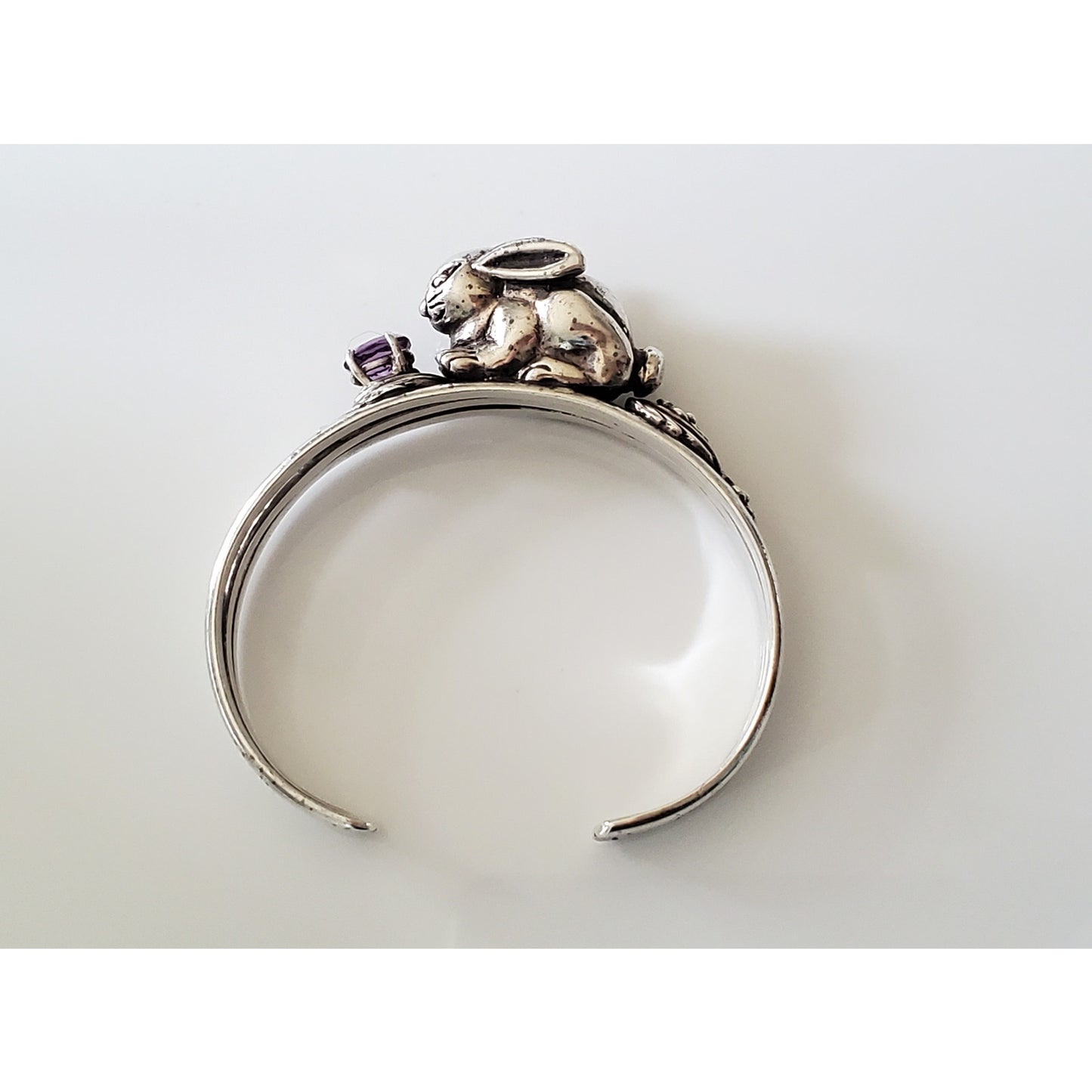 Vintage Sterling Silver Bunny Rabbit Amethyst Cuff Bracelet