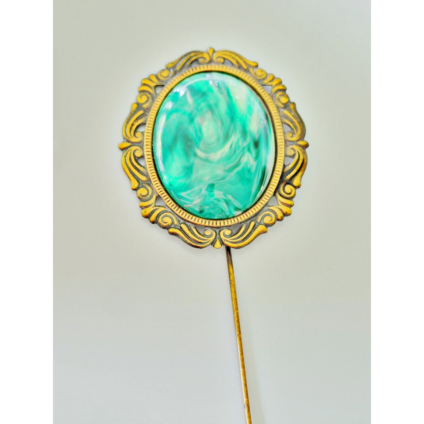 Large 6in Gold-tone Green Swirl Stone Lapel Pin