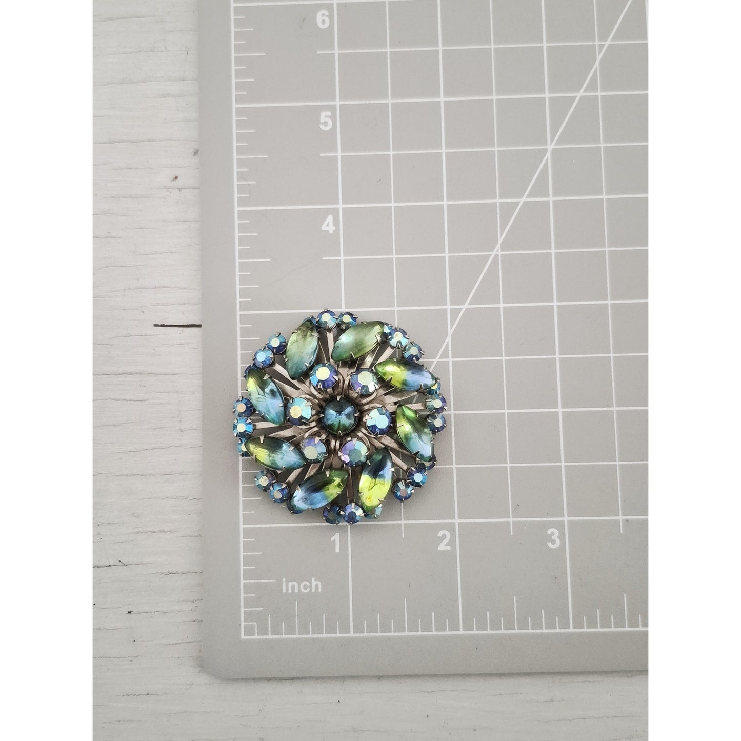 Vintage MCM Blue Green Iridescent Rhinestone Dome Brooch