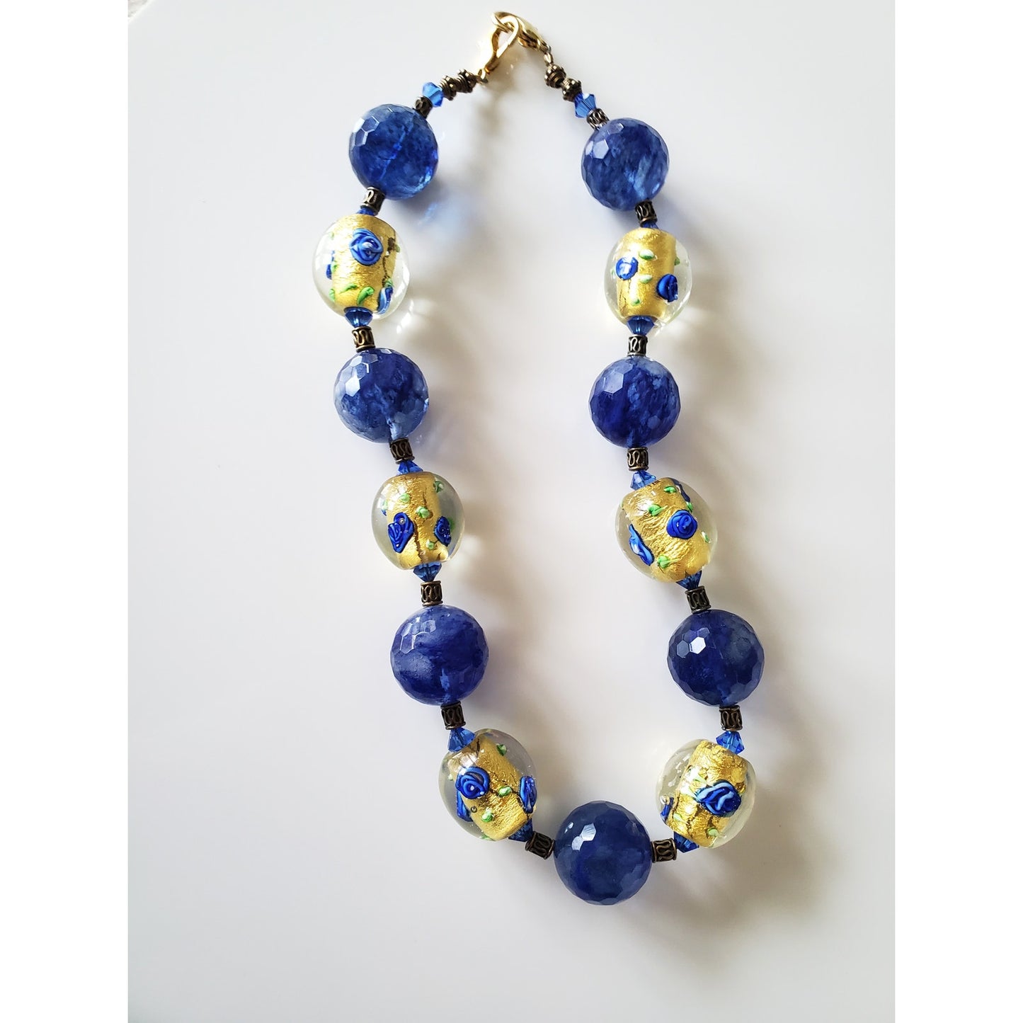 Vintage Blue Floral Glass Bead Necklace