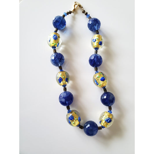 Vintage Blue Floral Glass Bead Necklace