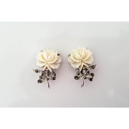 Vintage Coro White Rose Clip On Earrings
