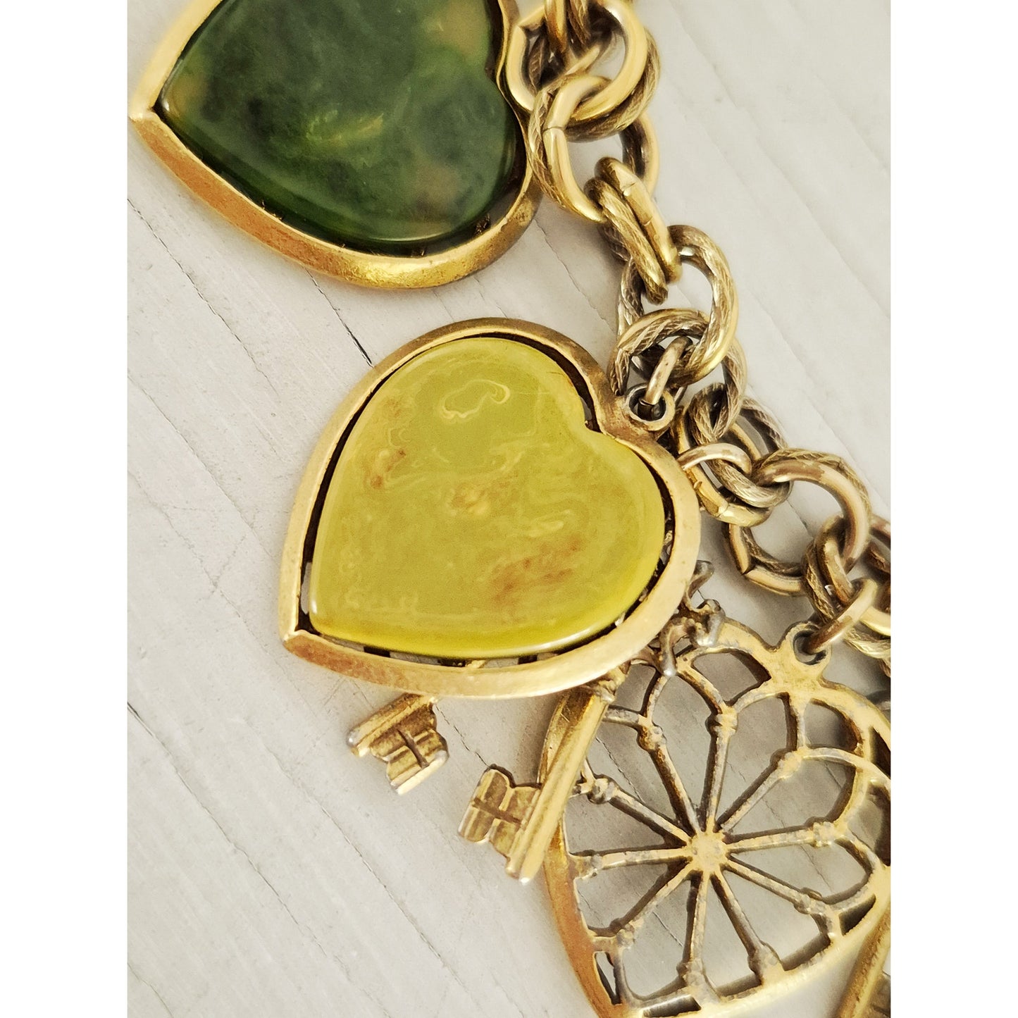Vintage Marbled Olive Green Yellow Blue Moon Bakelite Hearts Keys Bracelet