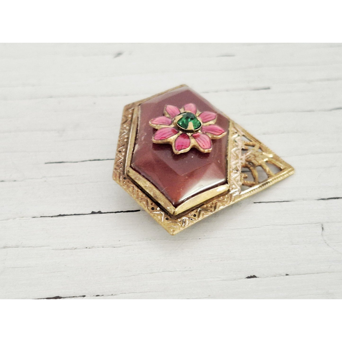 Vintage Art Deco Gold Tone Enamel Glass Floral Pin Brooch