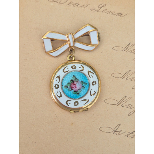 Antique Guilloche Bow Hanging Locket Brooch