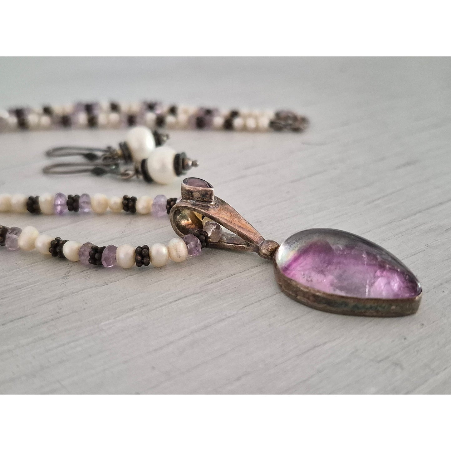 Vintage Sterling Silver Sajen Amethyst & Freshwater Pearl Necklace with Earring