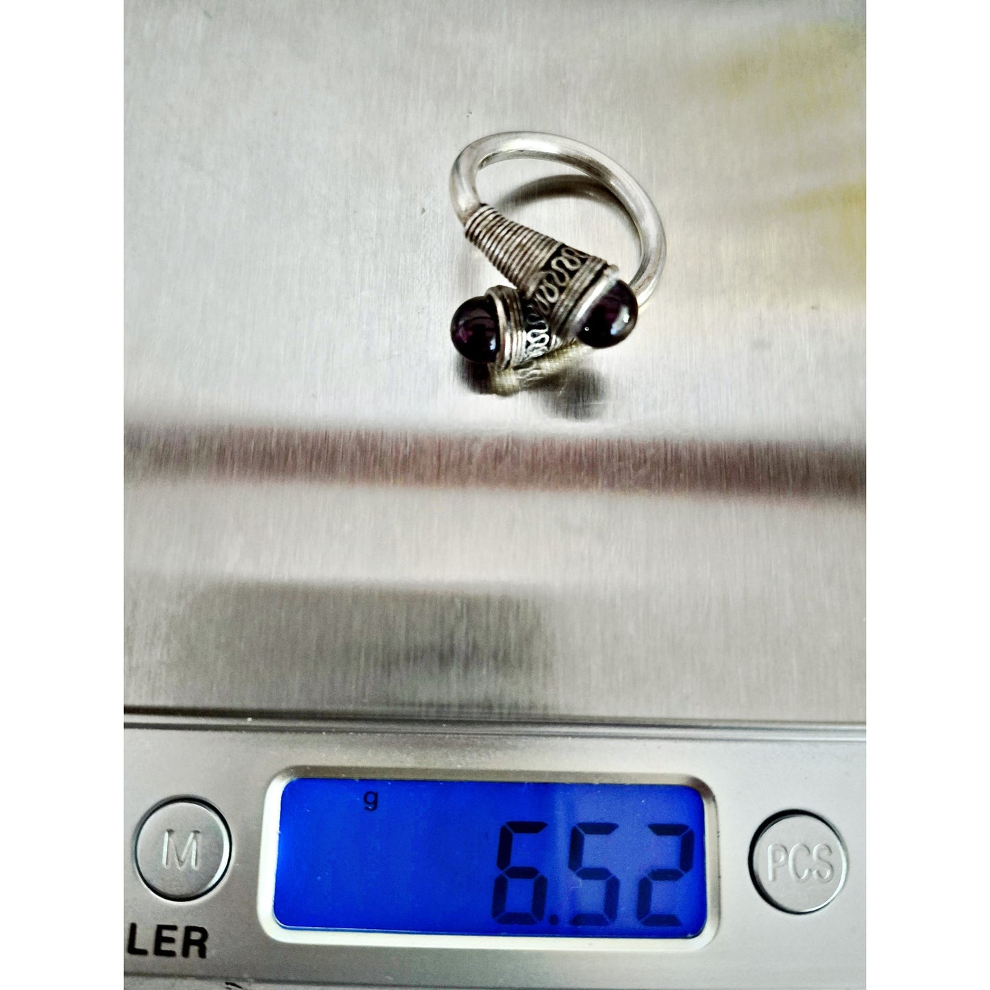 Vintage Sterling Silver & Garnet Carbochon Bypass Ring