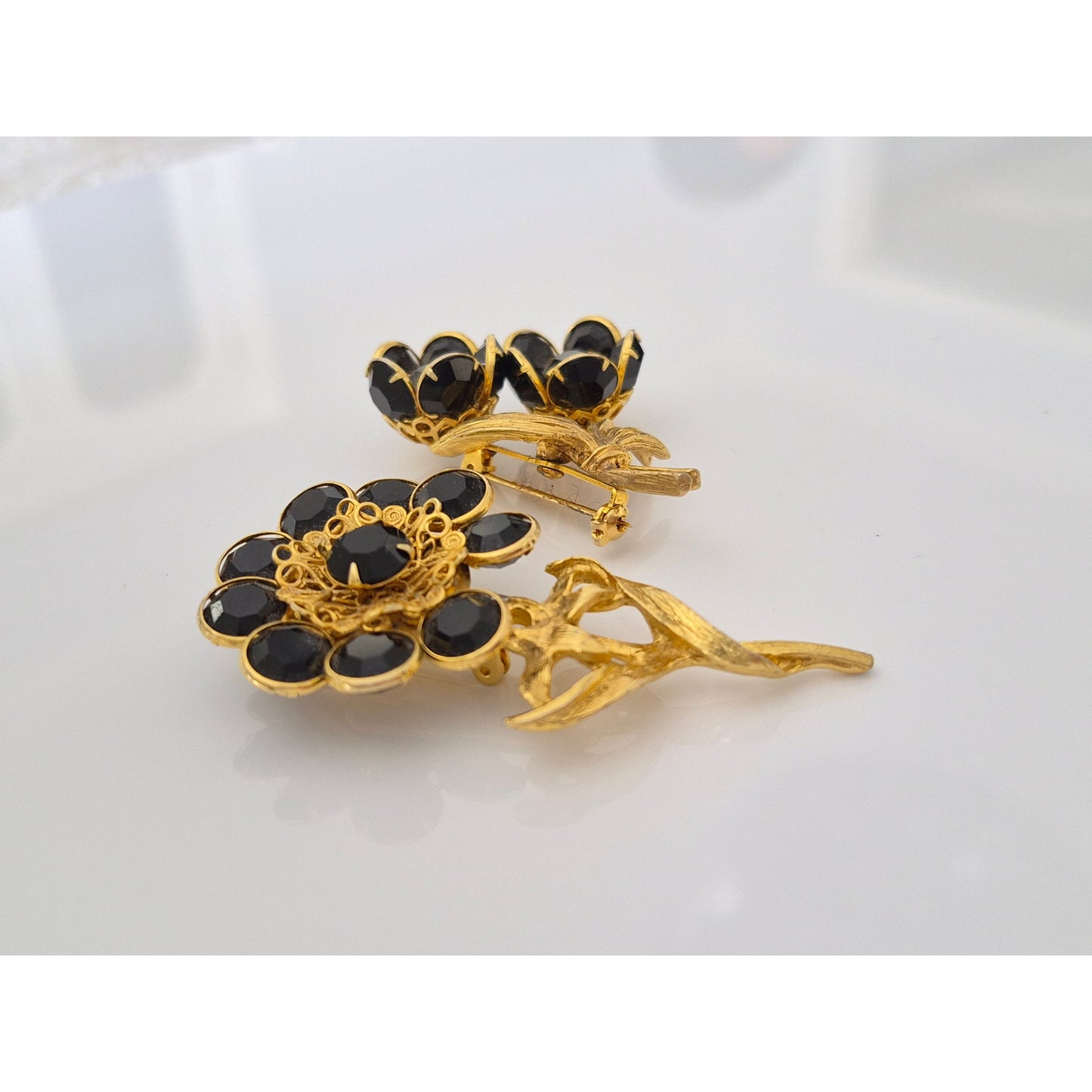 Pair of Vintage Black Crystal Rhinestone Flower Brooches
