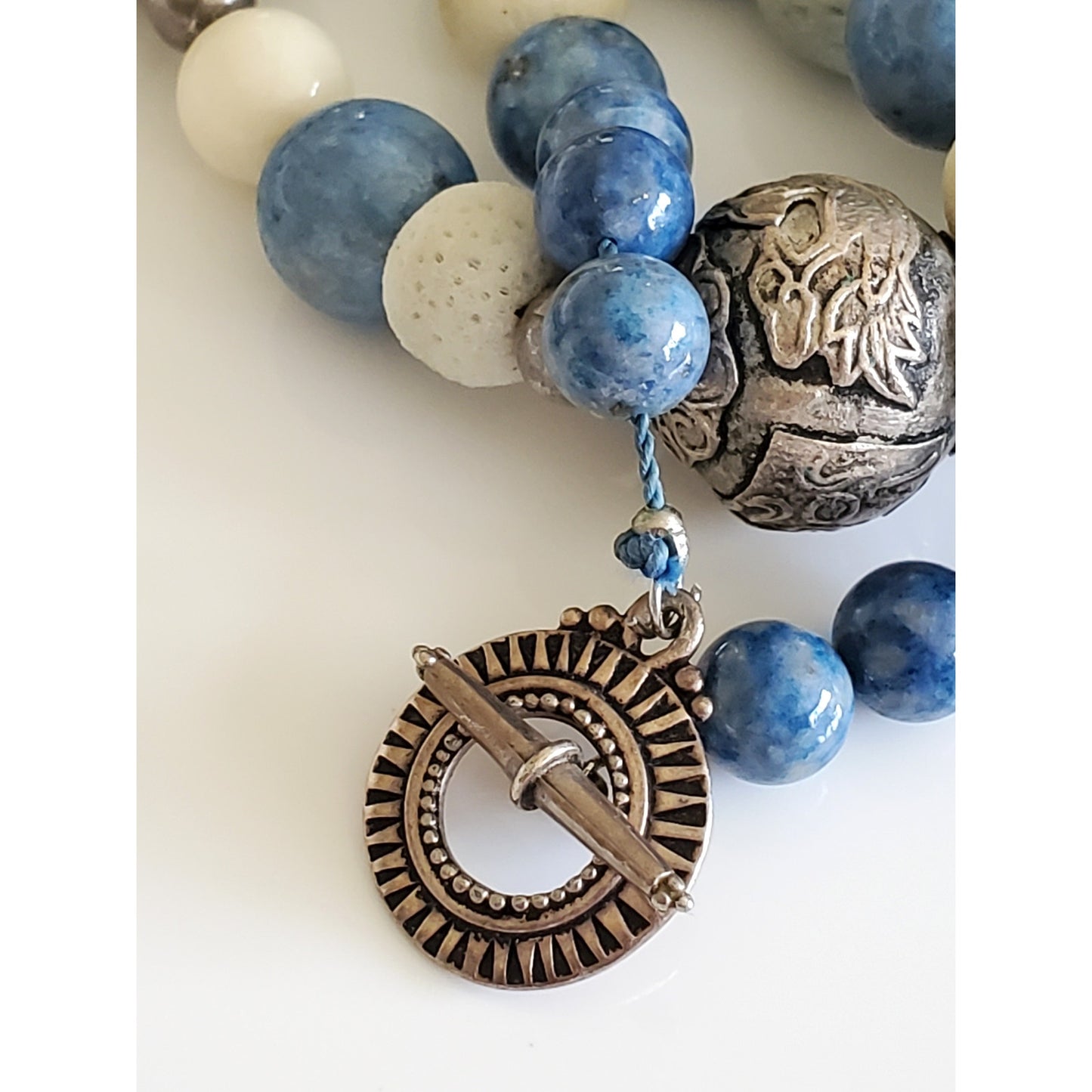 Vintage Blue, White and Silver Large Beaded Necklace