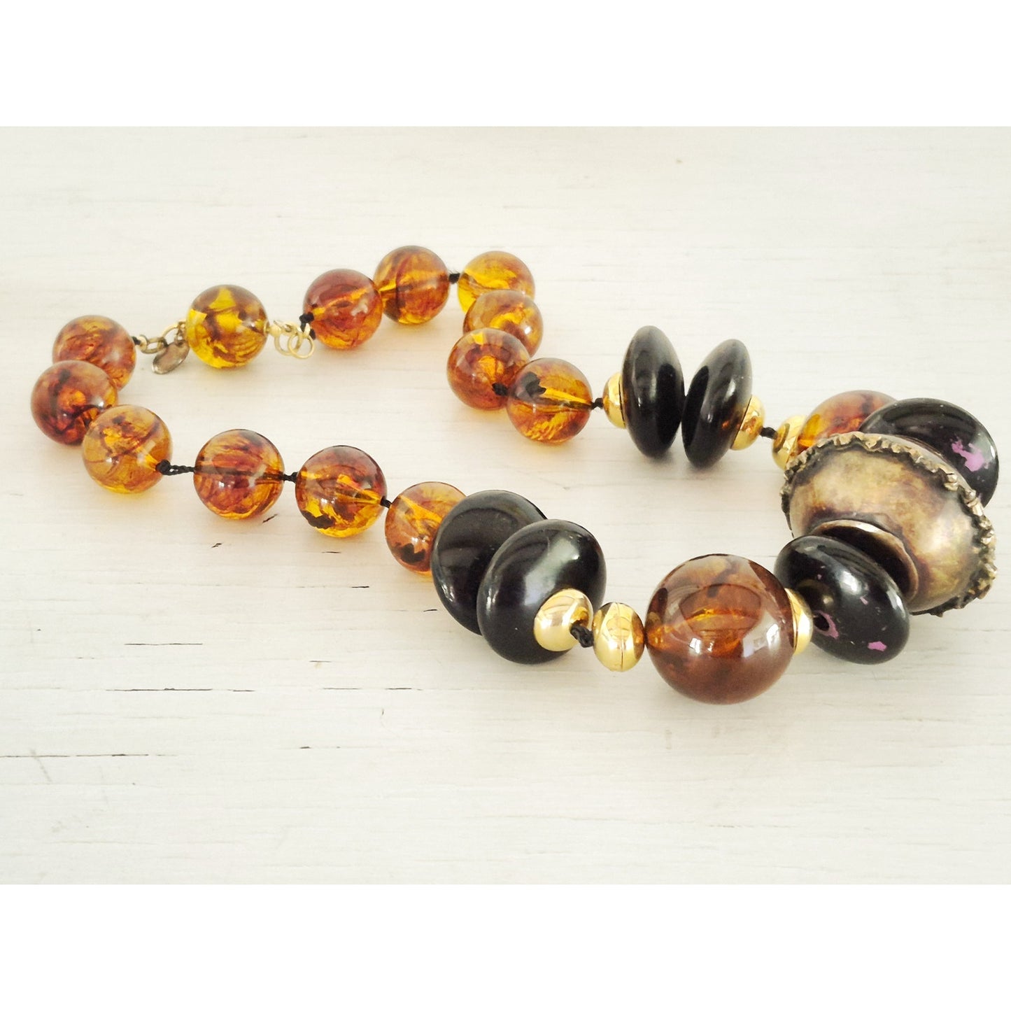 Vintage Les Bernard Designer Chunky Amber Brass Bead Necklace