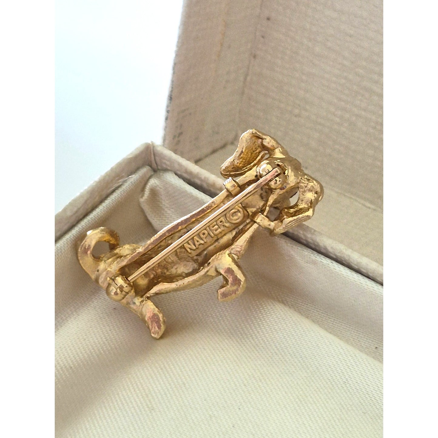Vintage Napier Gold Tone Dachshund Dog Brooch with Red Rhinestone Eye