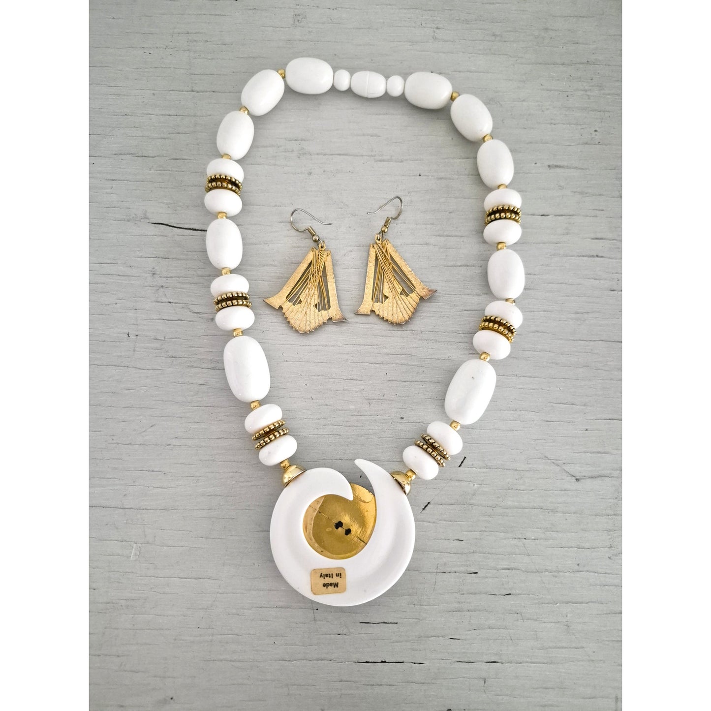 Vintage White and Gold Tone Beaded Necklace and Earring Set