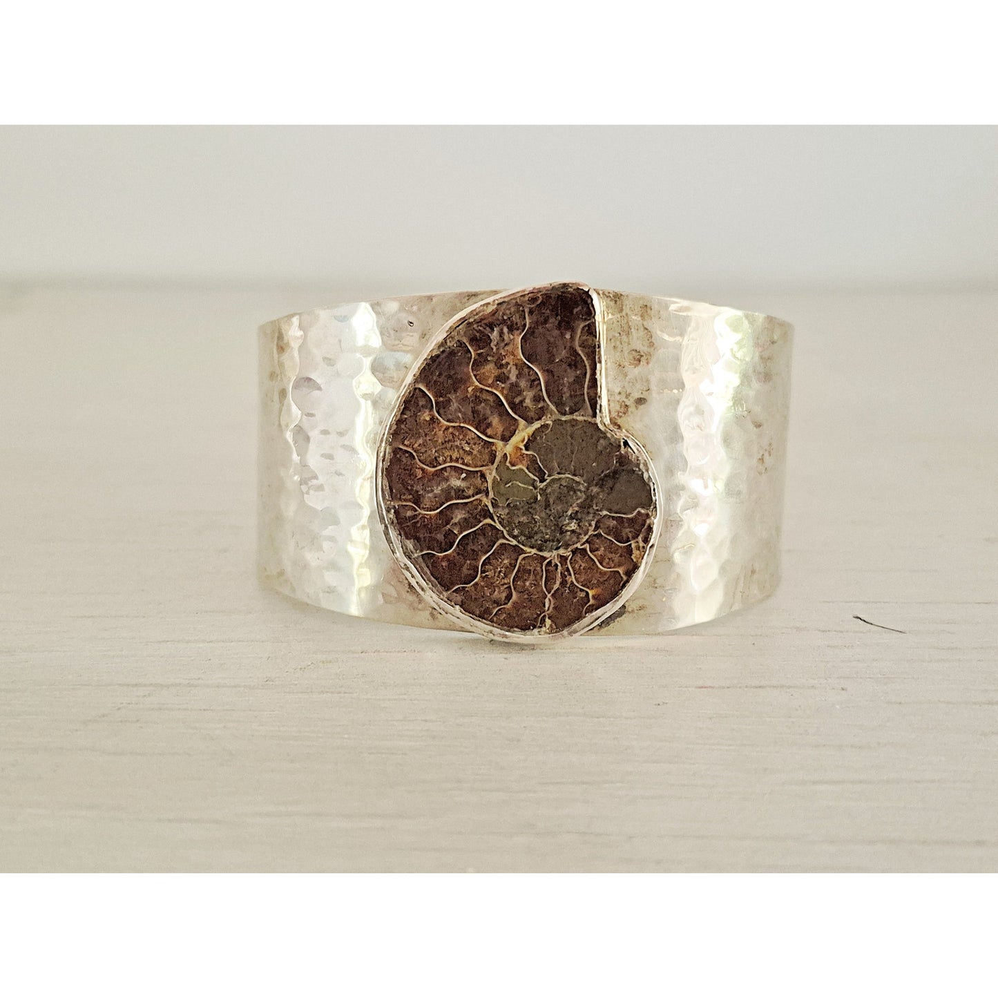 Vintage Mexican Hammered Sterling Silver Ammonite Fossil Cuff Bracelet