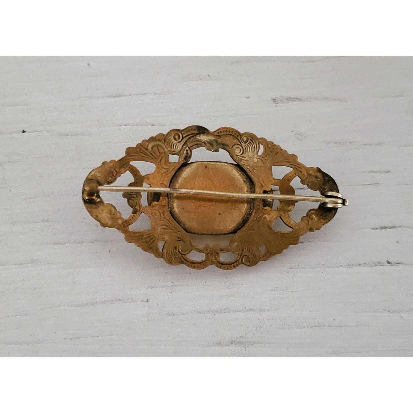 Vintage Art Deco Floral Filigree Amber Glass C Clasp Brooch