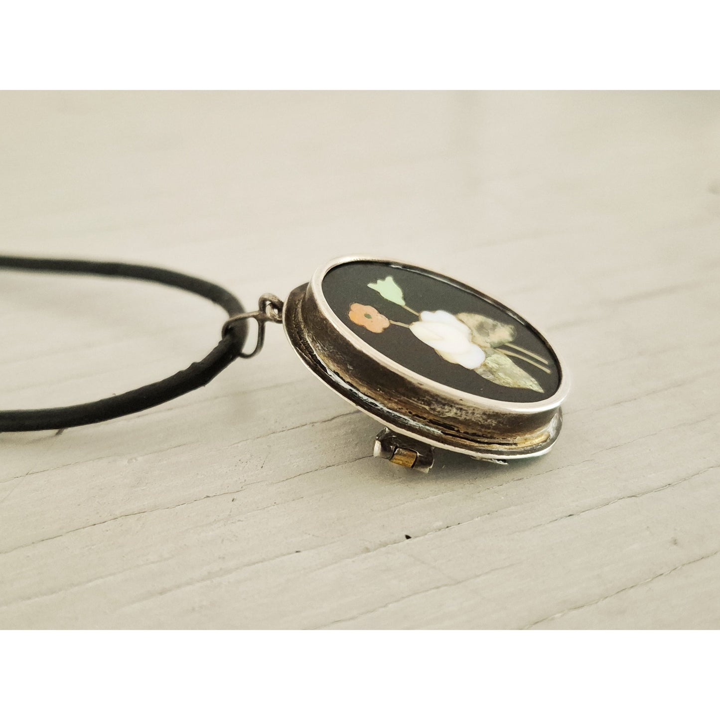 Antique 800 Silver Pietra Dura Mosaic Inlaid Stone Pendant Brooch Necklace