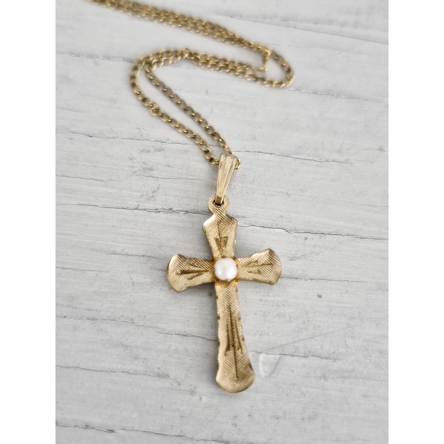 Vintage MCM Gold-fill Cultured Pearl Diamond Cut Cross Necklace
