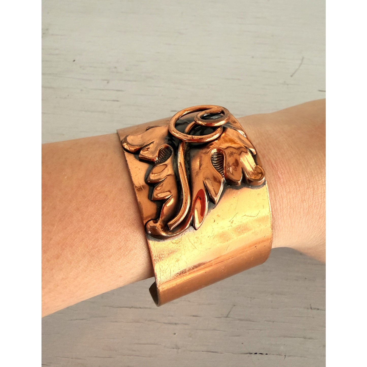 Vintage Copper Repoussé Modernist Leaf Wide Cuff Bracelet