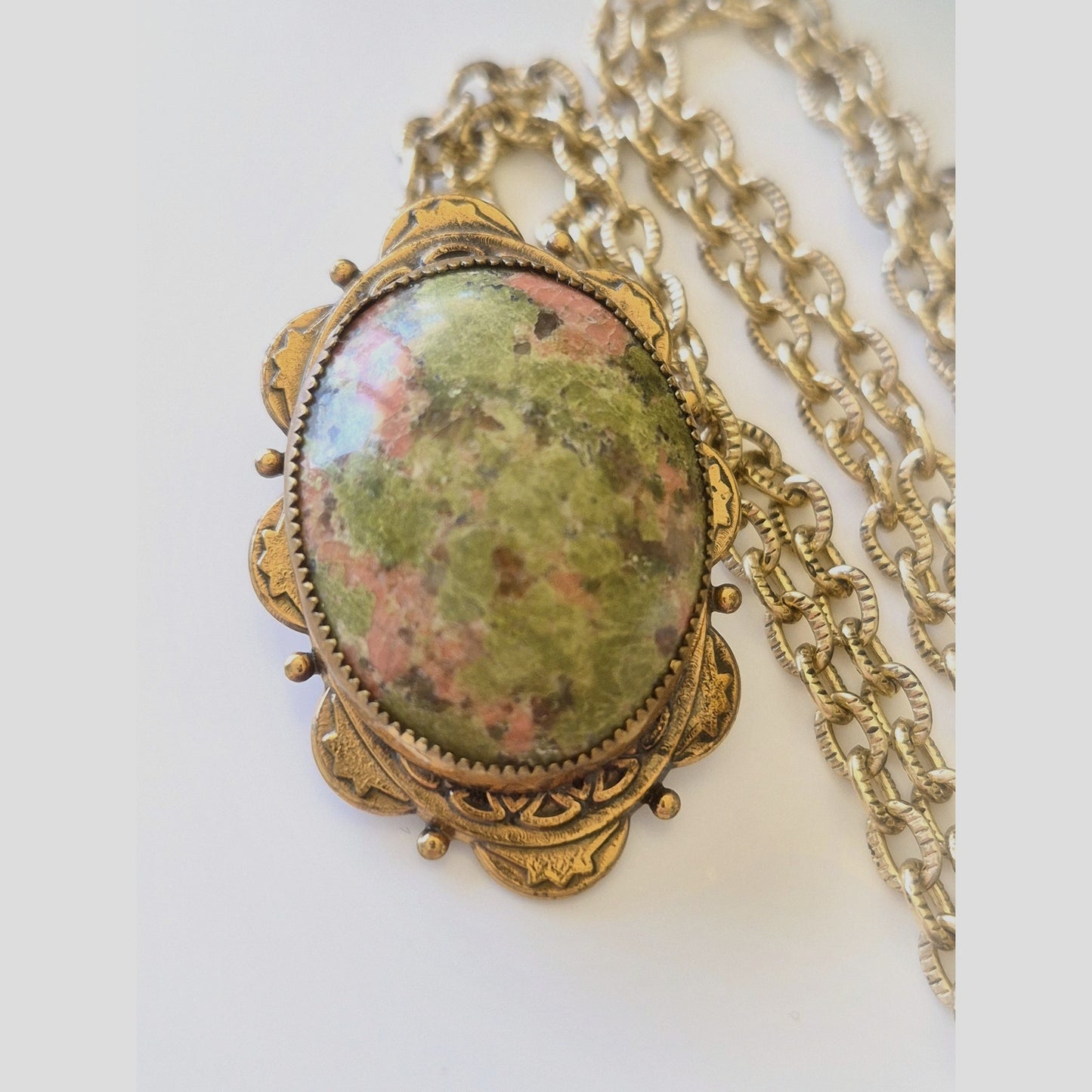 Vintage Unakite Oval Halo Pendant Necklace