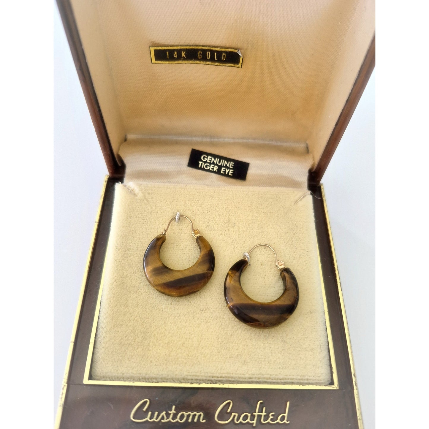 Vintage 14K Gold Tiger Eye Hoop Earrings