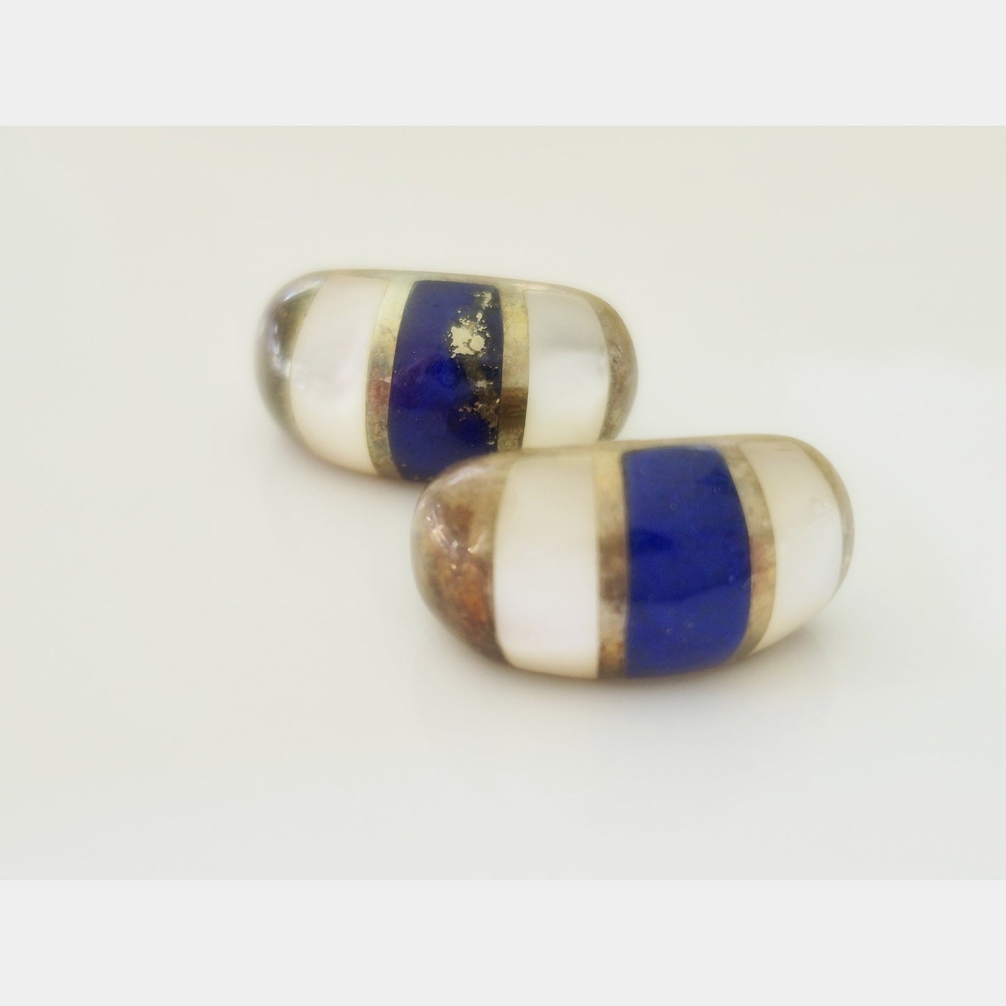 Vintage Sterling Silver Blue Enamel & Mother Of Pearl Huggie Earrings